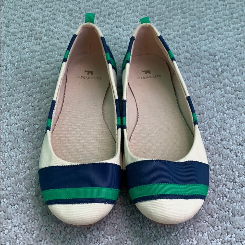 Cream green and blue striped flats